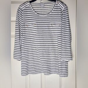 Chico's 2/L 100%LINEN WhiteBlue ScoopNeck StripedShoulderStrapsPockets Women Top